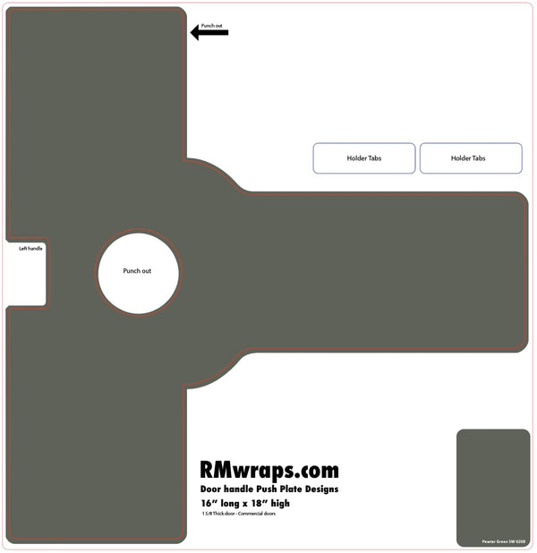 Template for door handle push plate with labeled parts and RMwraps.com branding.