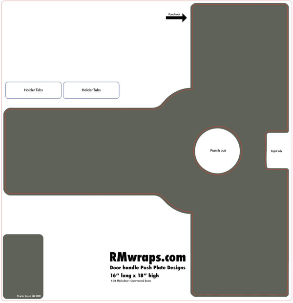 Template for a door handle push plate with labeled parts and dimensions, featuring RMwraps.com branding.