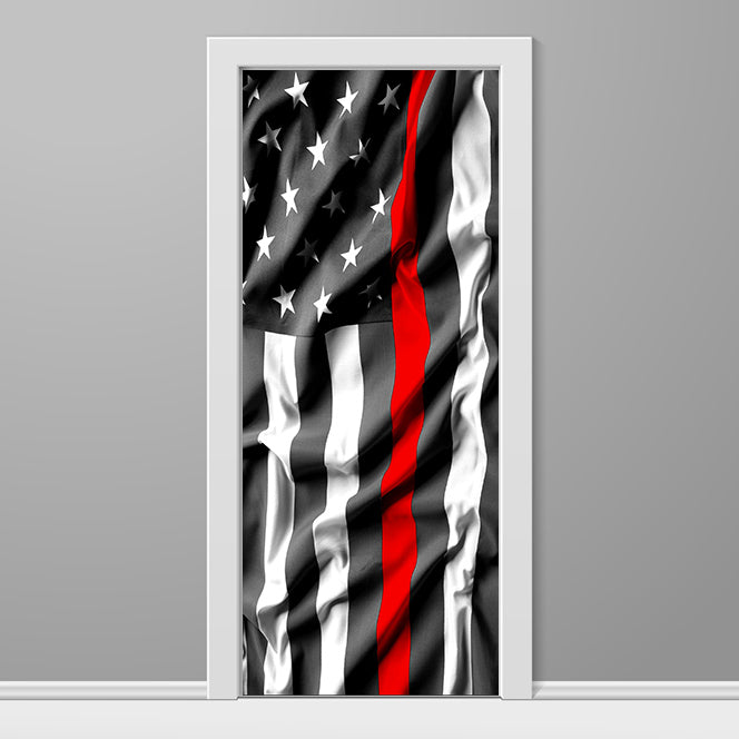 Red Line Wavy USA Flag Door Wrap