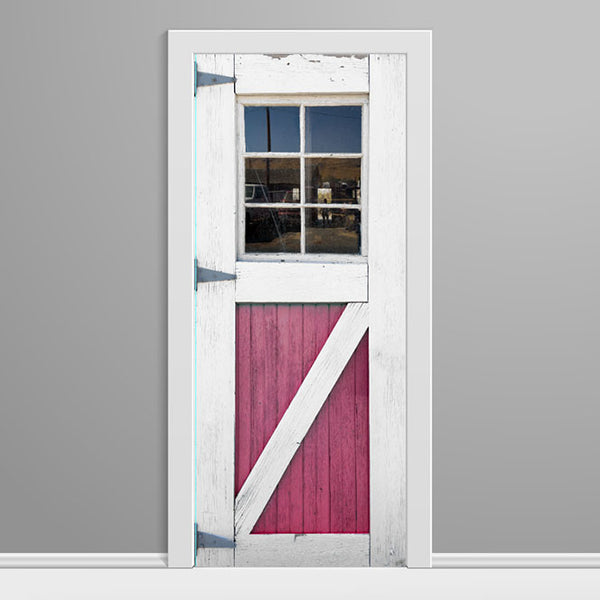 Barn door with Red interior and white exterior on a gray background