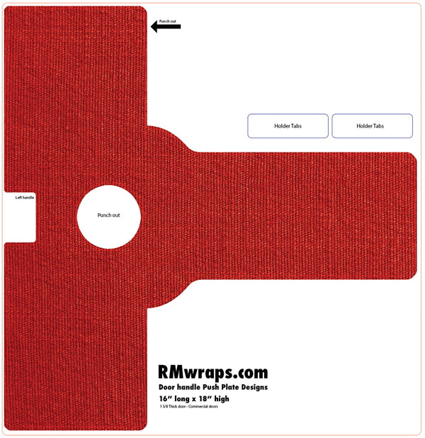 Red push plate design template with text and branding on a white background