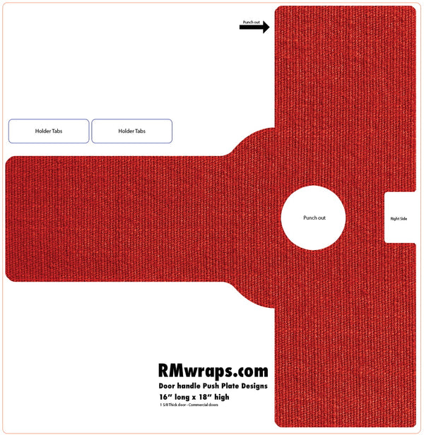 Red door handle push plate design with labeled parts on a white background, featuring RMwraps.com branding.