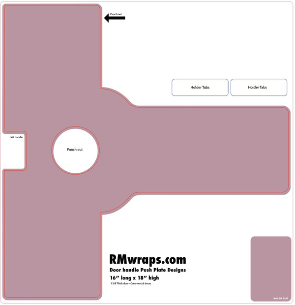 Template for a door handle push plate with labeled parts and dimensions, sourced from RMwraps.com.
