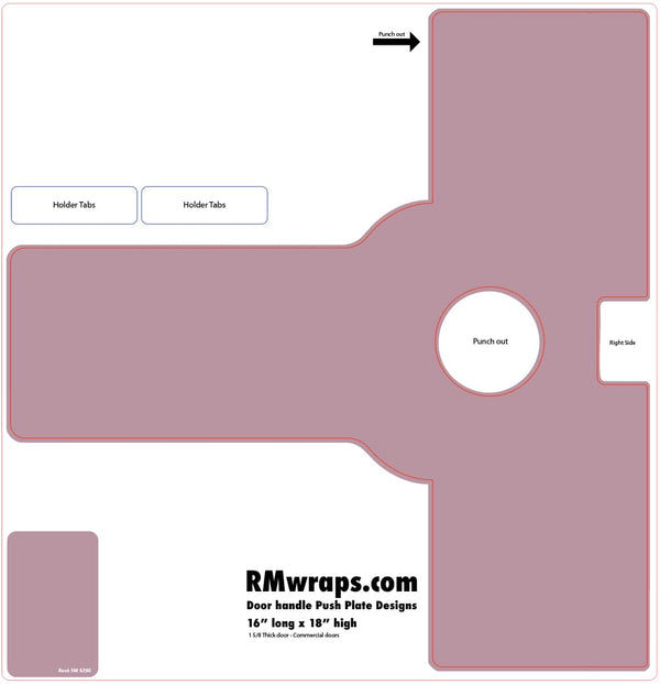 Design template for a door handle push plate with 'RMwraps.com' branding.