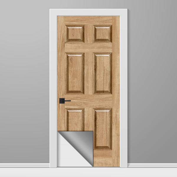 Wooden door with a white frame on a gray background