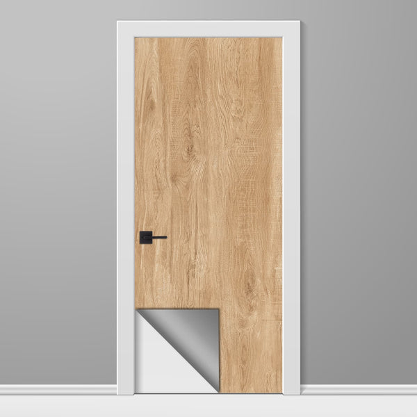 Wooden door with white frame and gray floor on a gray background