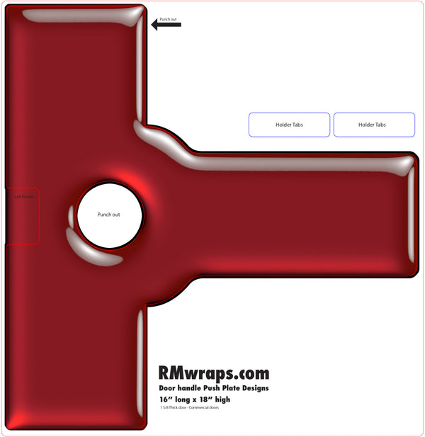 Red push plate design with white center and 'RMwraps.com' branding on a white background