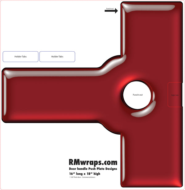 Red door handle pack plate design with 'RMwraps.com' branding on a white background