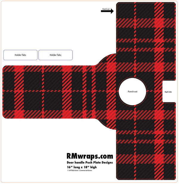 Red and black plaid door handle push plate design with RMwraps.com branding.
