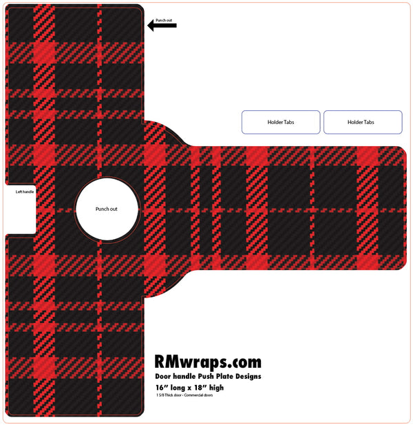 Red and black plaid door handle push plate design with RMwraps.com branding.