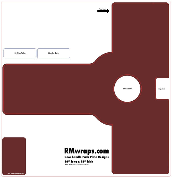 Brown push plate design with cut-out areas and RMwraps.com branding on a white background