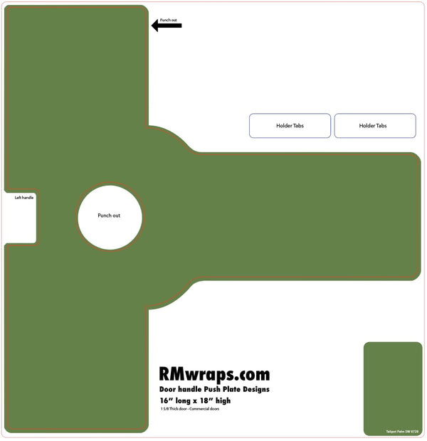 Green door handle push plate design with cut-out areas on a white background, featuring 'RMwraps.com' branding.
