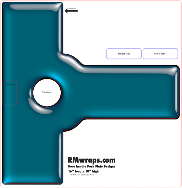 Blue and silver door handle push plate design with 'RMwraps.com' branding
