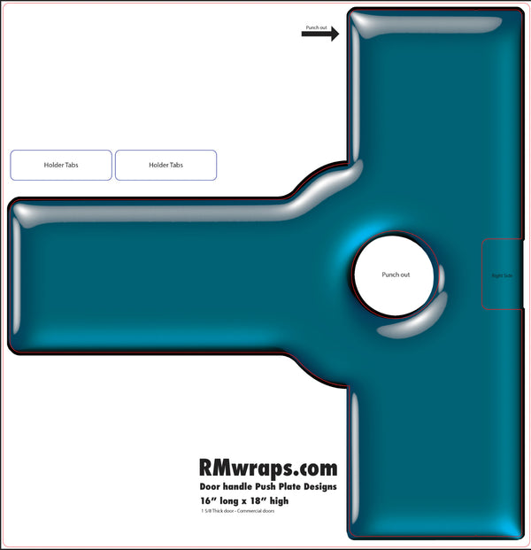 Blue push plate design with text and branding on a white background