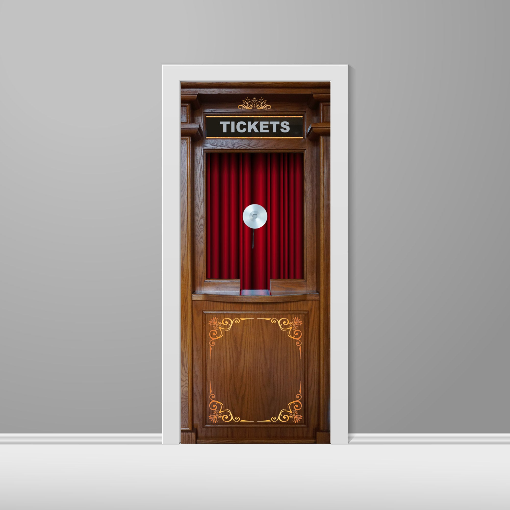 Ticket Booth Door Wrap with Red Curtain Gold