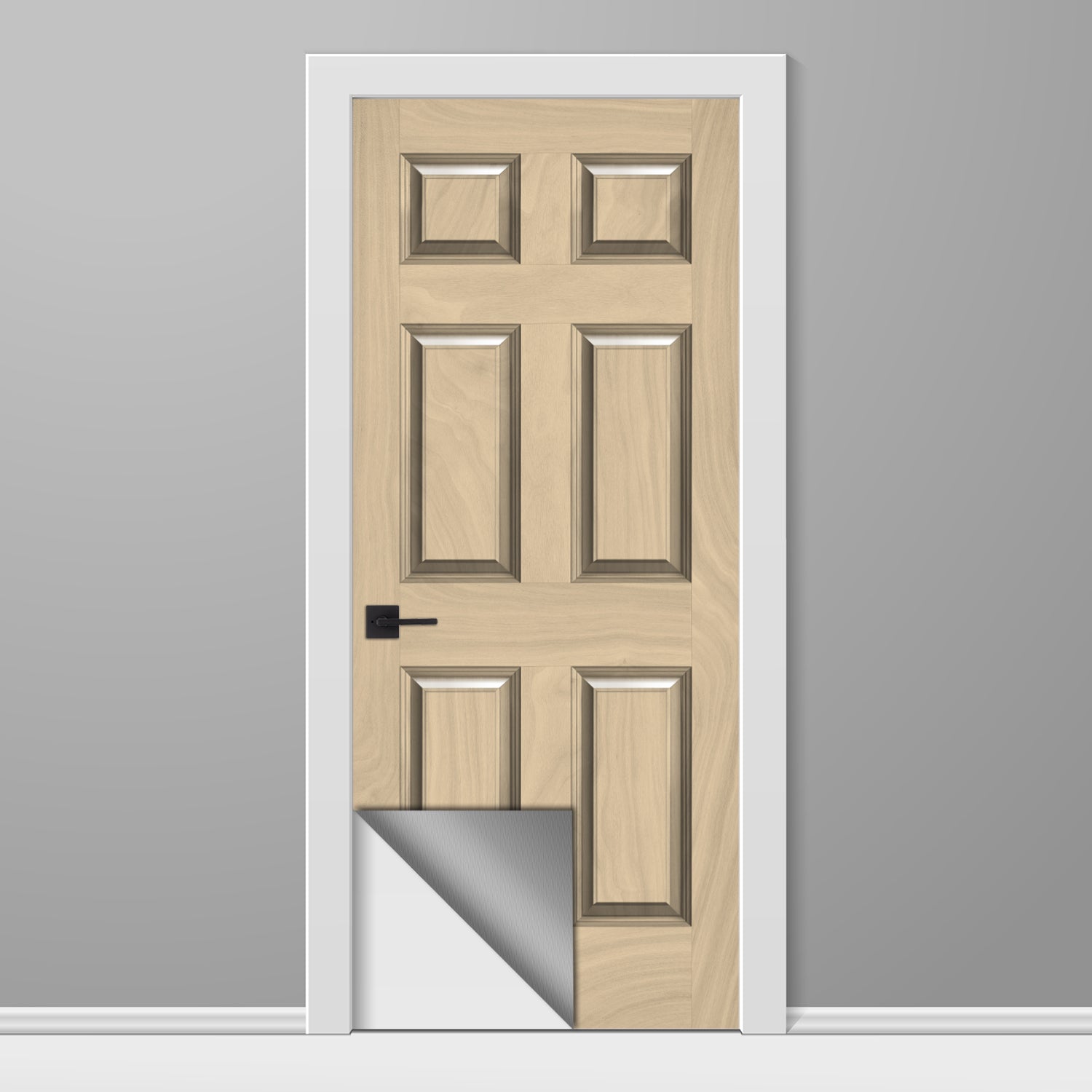 Wooden door with a white frame on a gray background