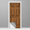 Wooden door with a silver reflective strip on a gray background