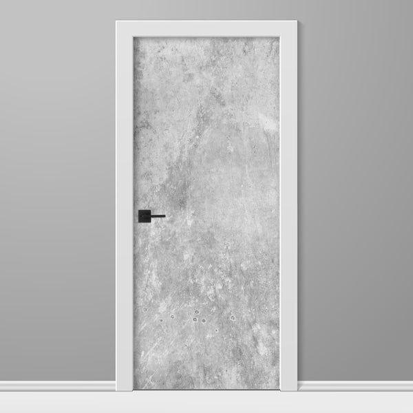 Door with gray textured panel and white frame on a gray background