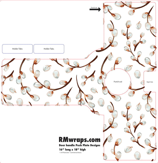 Decorative door handle push plate design with branches and flowers, featuring RMwraps.com branding.