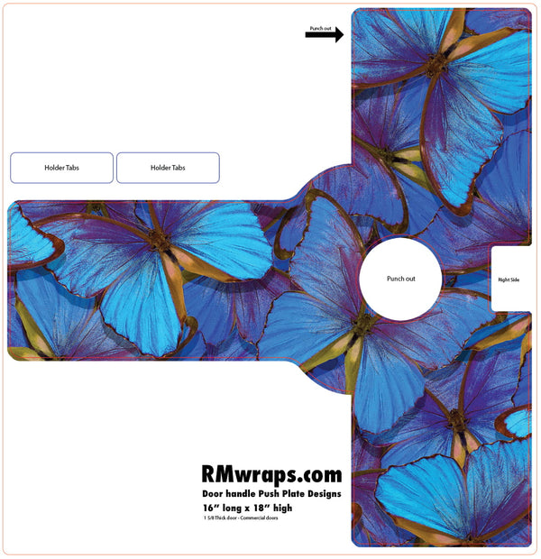 Decorative push plate with blue butterfly design and RMwraps.com branding.