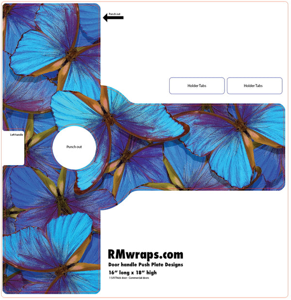 Blue butterfly patterned decal with RMwraps.com branding on a white background