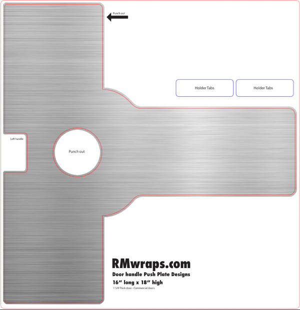 Design template for a door handle push plate with labeled parts and dimensions, sourced from RMwraps.com.