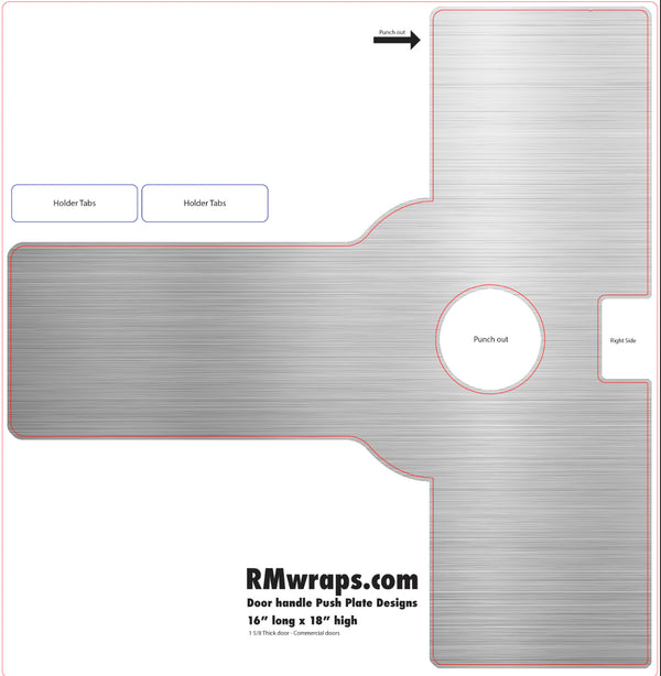 Design template for a door handle push plate with dimensions and RMwraps.com branding.